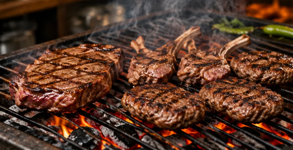 Mangal üzerinde antrikot, kuzu pirzola ve köfte çeşitleri